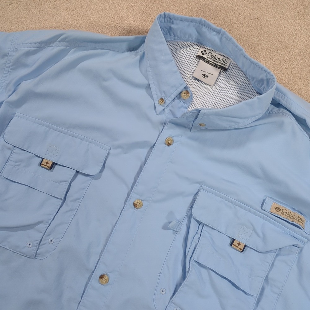 Columbia PFG Fishing UPF 30 Shirt Mens 2XL Blue Solid Vented Short Sleeve Bahama